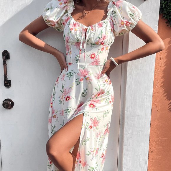 Boho Floral Print Puff Sleeve Knot Front Split Thigh Dress - Picture 4 of 5